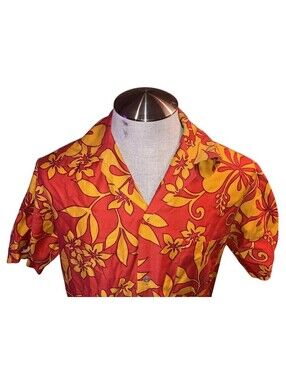 Hukilau Fashions Vintage Hawaiian Aloha Shirt Orange Hibiscus S/S Size Medium M
